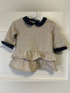 Shrinking Violet Beige Dress Top with Navy Polka Dot Collar Size 12 month